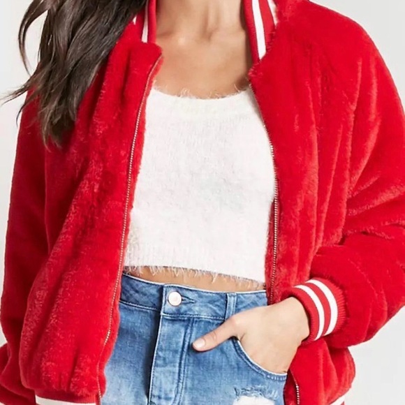 Bright Red Taken Faux Fur Varsity Jacket - Picture 11 of 12